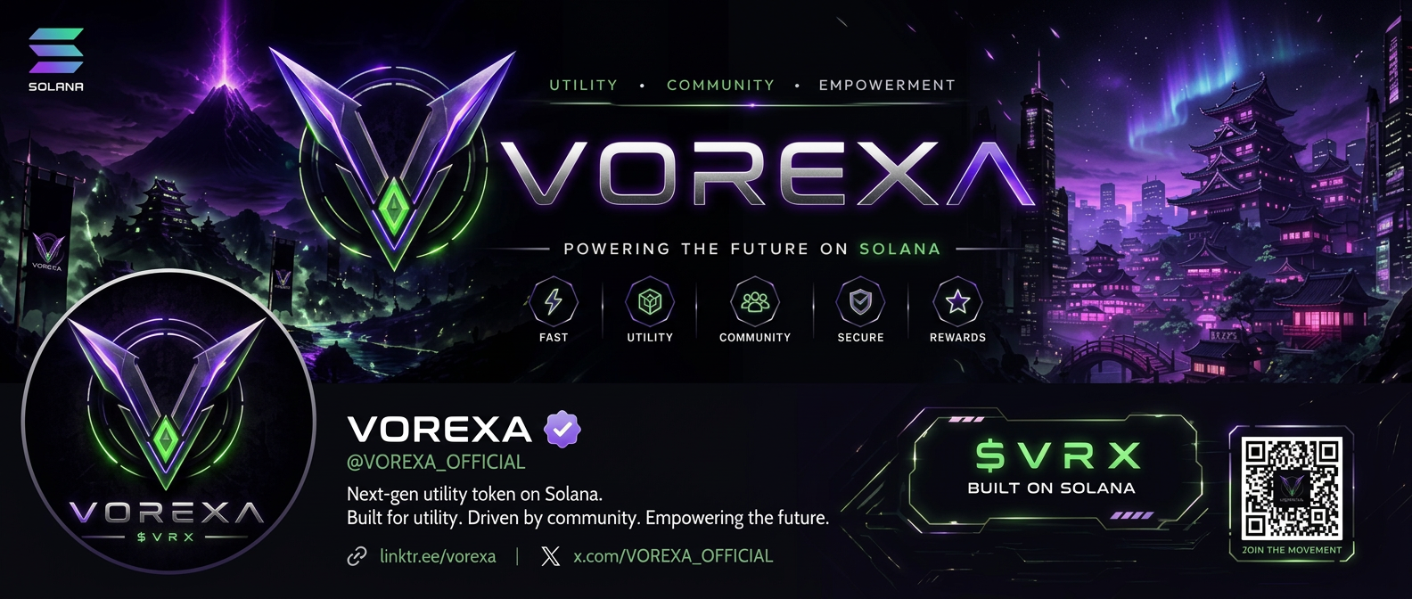 VOREXA community banner featuring the VOREXA symbol and $VRX branding